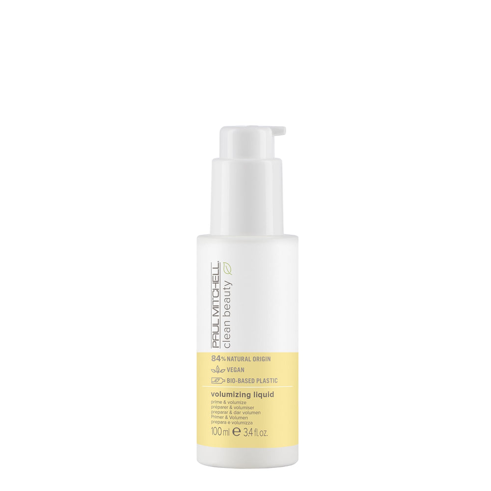 Paul Mitchell Volumizing Liquid bottle demonstrates lightweight lift for fine hair.