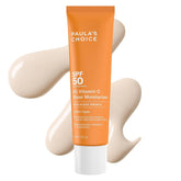 Paula's Choice 5% Vitamin C Sheer Sunscreen bottle shows weightless protection for all skin types, daily radiance.