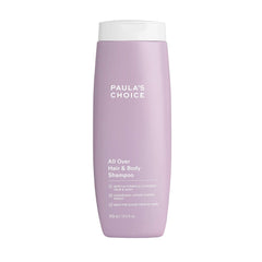 Paula's Choice All Over Hair and Body Shampoo bottle close-up for fragrance-free cleansing.