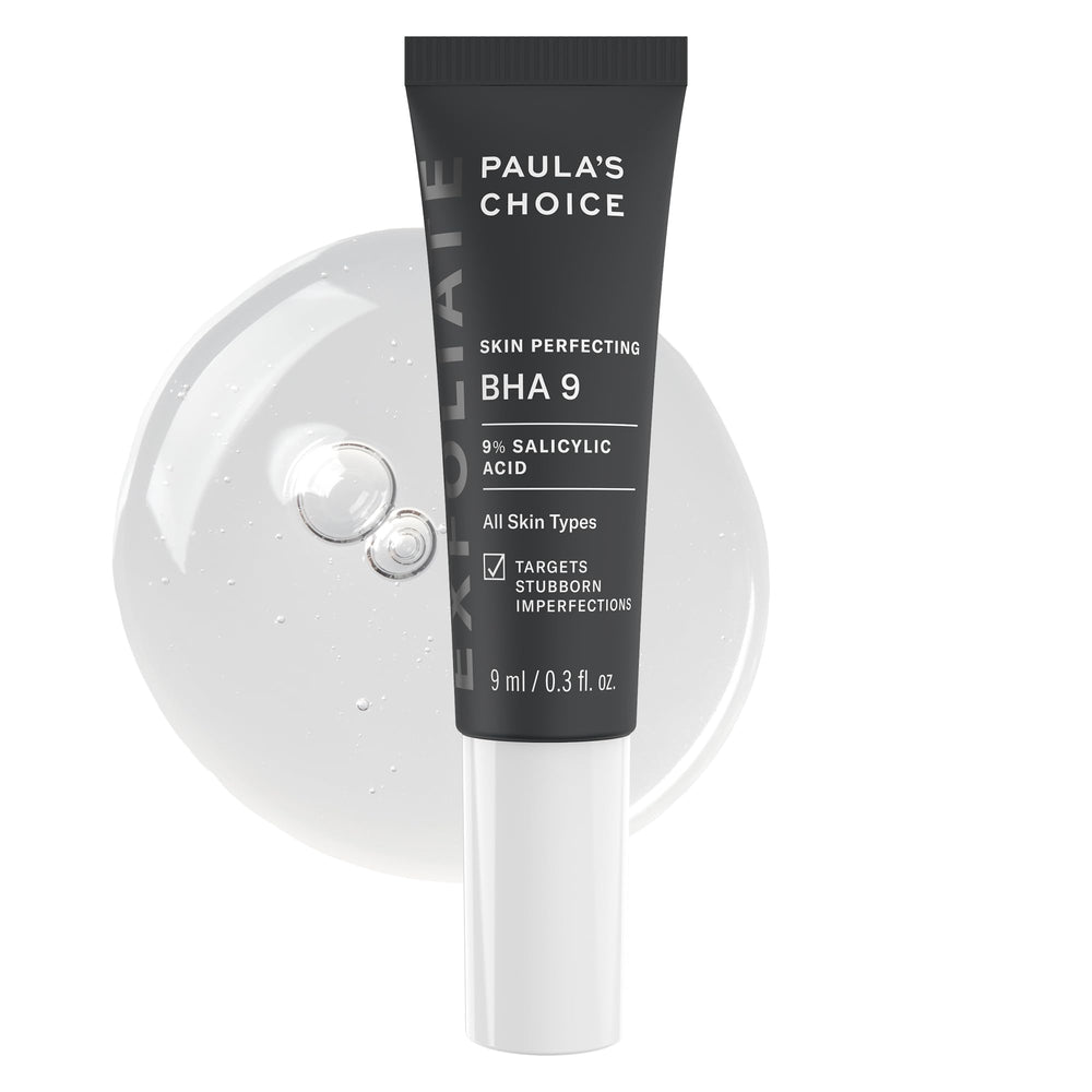 Paula's Choice BHA 9 spot-treatment bottle closeup showing fragrance-free exfoliant for clearer pores
