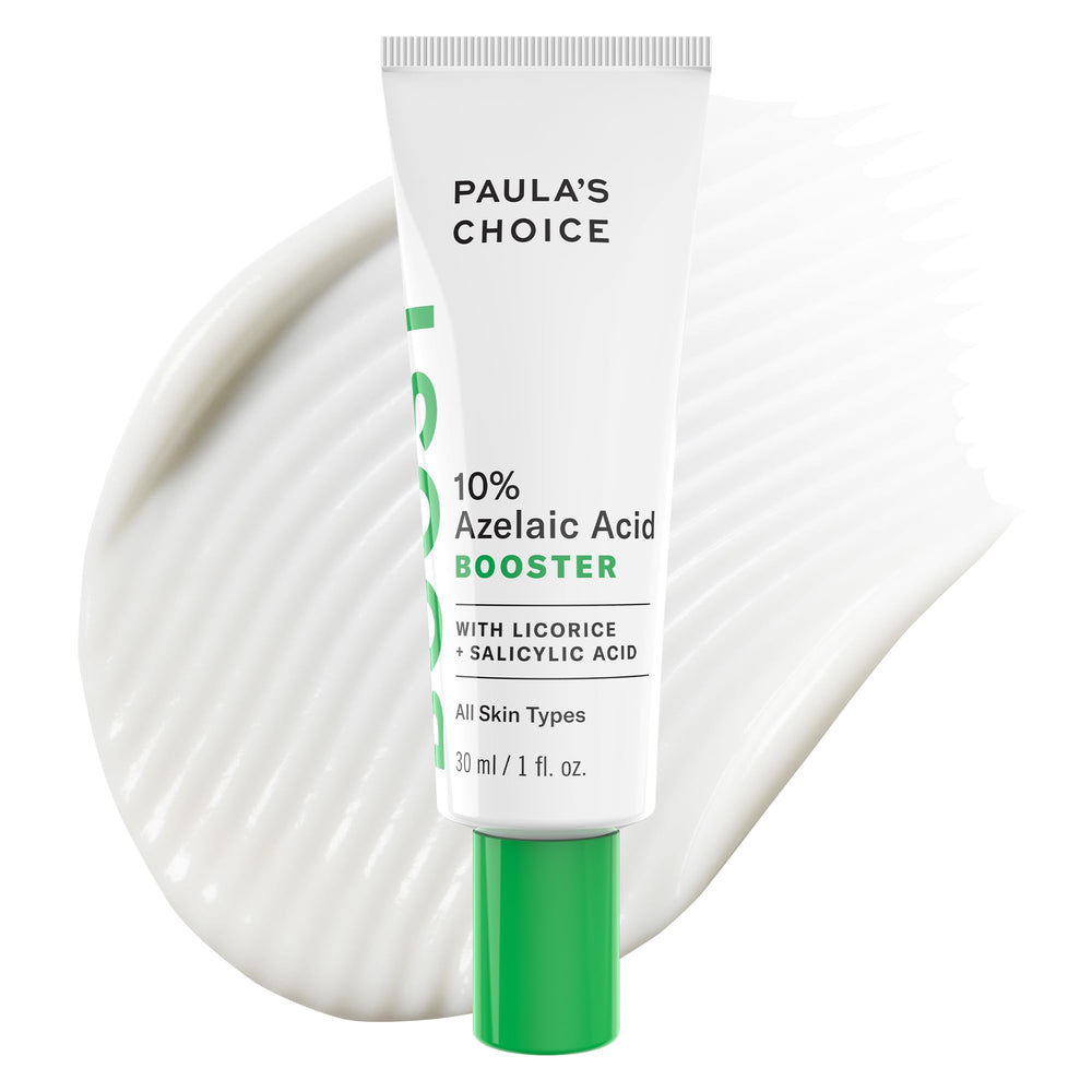 Paula's Choice Boost Azelaic Acid Booster bottle shows oil-free clarity for even-toned skin.