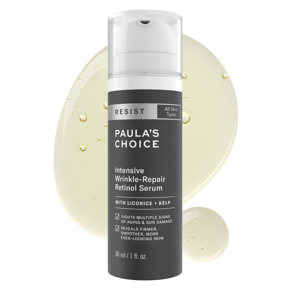 Paula's Choice Resist Intensive Wrinkle-Repair Serum bottle pour for smooth application and care.