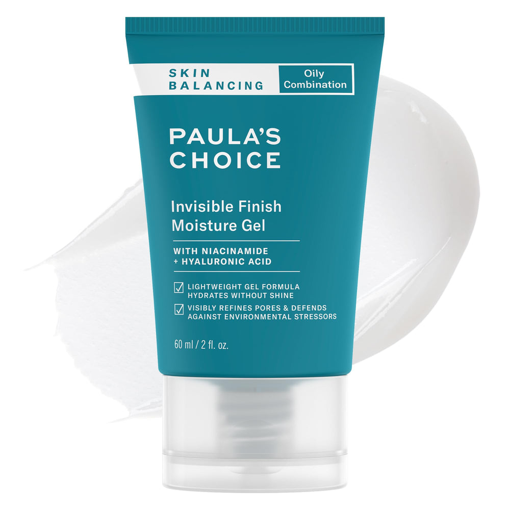 Paula's Choice Skin Balancing Invisible Finish Gel bottle closeup shows fragrance-free, oil-control hydration.