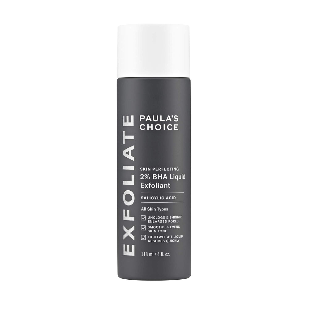 Paula's Choice Skin Perfecting 2% BHA bottle showing pore-clearing exfoliant for clearer skin