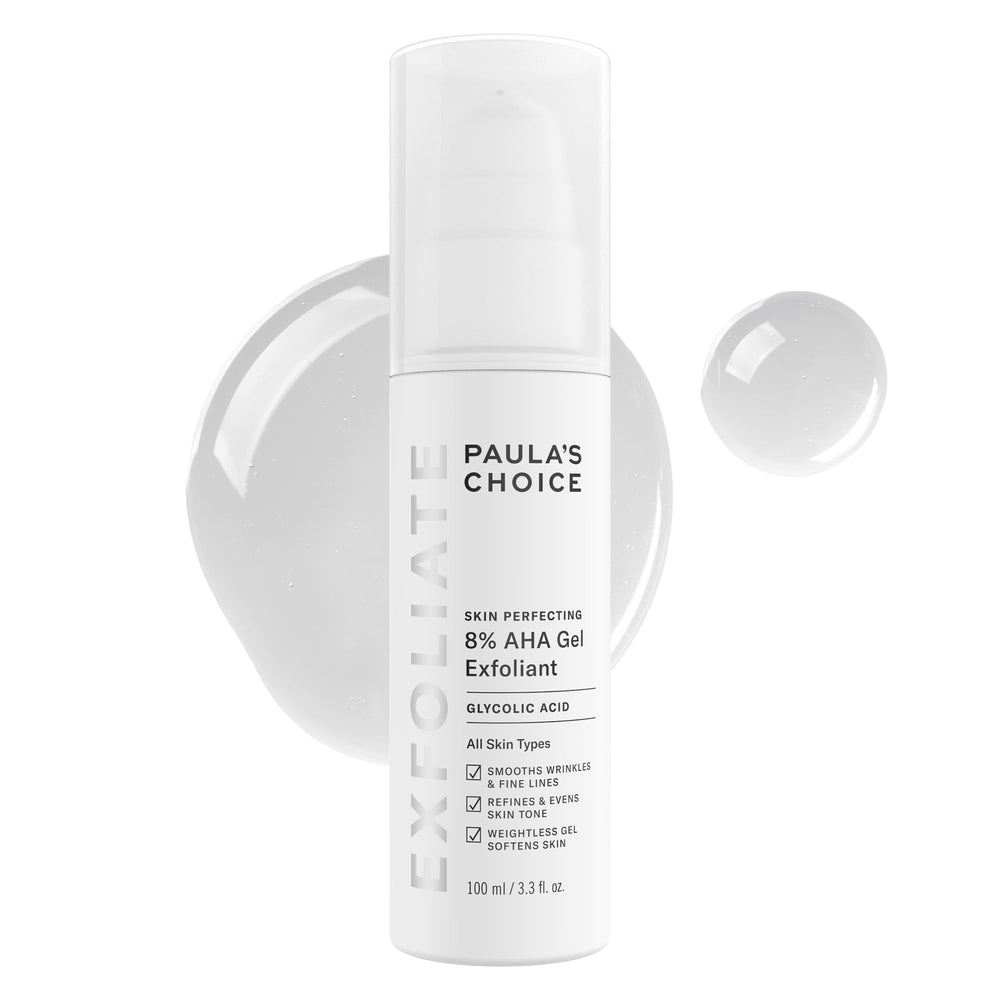 Paula's Choice SKIN PERFECTING 8% AHA Exfoliant bottle closeup for gentle exfoliation and smoother skin.