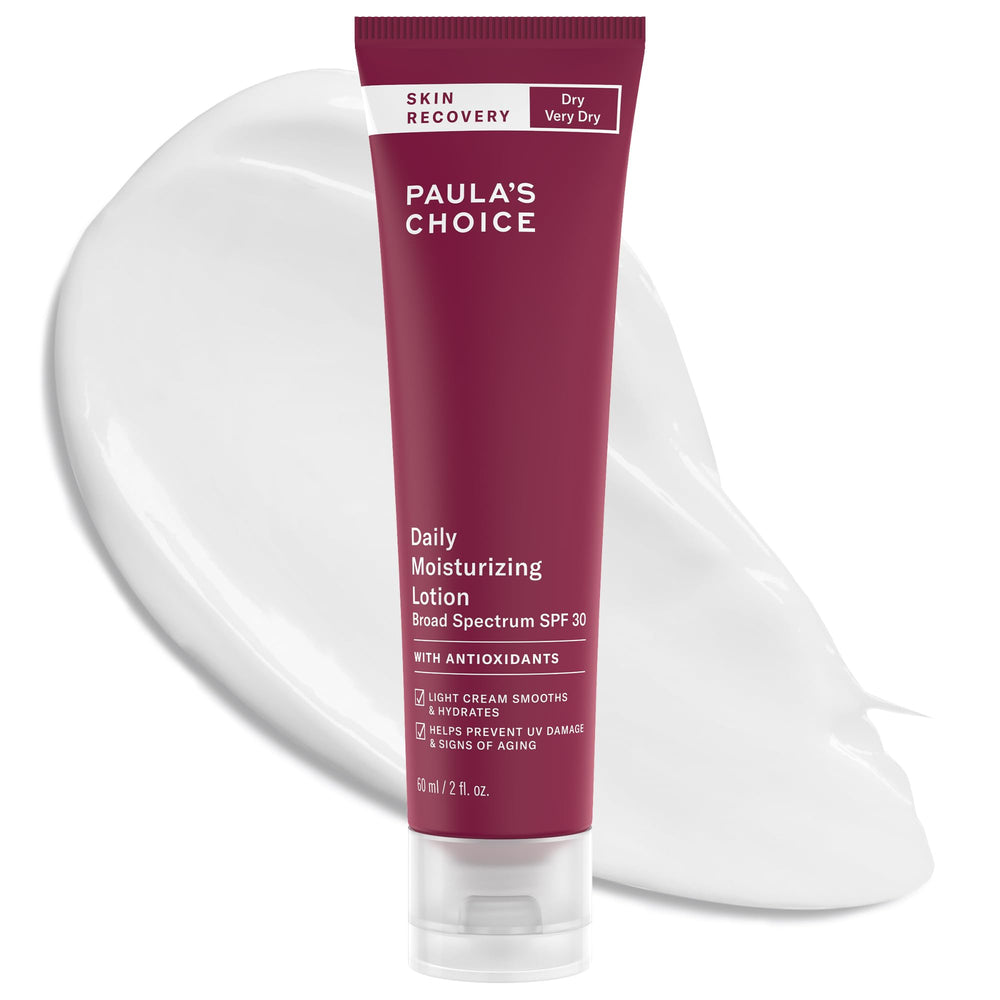 Paula's Choice Skin Recovery SPF 30 bottle angled, showing mineral sunscreen and hydration in one step.