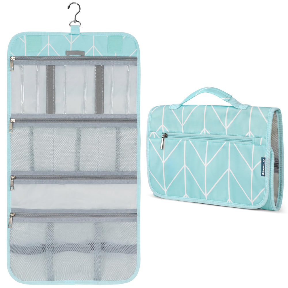 PAVILIA hanging toiletry bag teal-chevron folded for compact travel.
