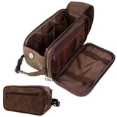 PAVILIA toiletry bag for men, dark brown opened to reveal a spacious main compartment for essentials.