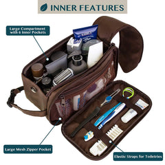 PAVILIA toiletry bag’s water-resistant PU leather exterior protects contents during travel.