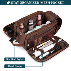 PAVILIA Toiletry Bag open main compartment reveals organized spaces for shaving kits and toiletries.