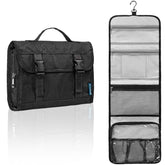 PAVILIA travel hanging toiletry bag folded with front pocket for quick access on trips.