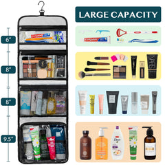PAVILIA travel hanging toiletry bag four compartments open showing organized interior.