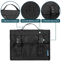 PAVILIA travel hanging toiletry bag padded compartments protecting cosmetics during travel.