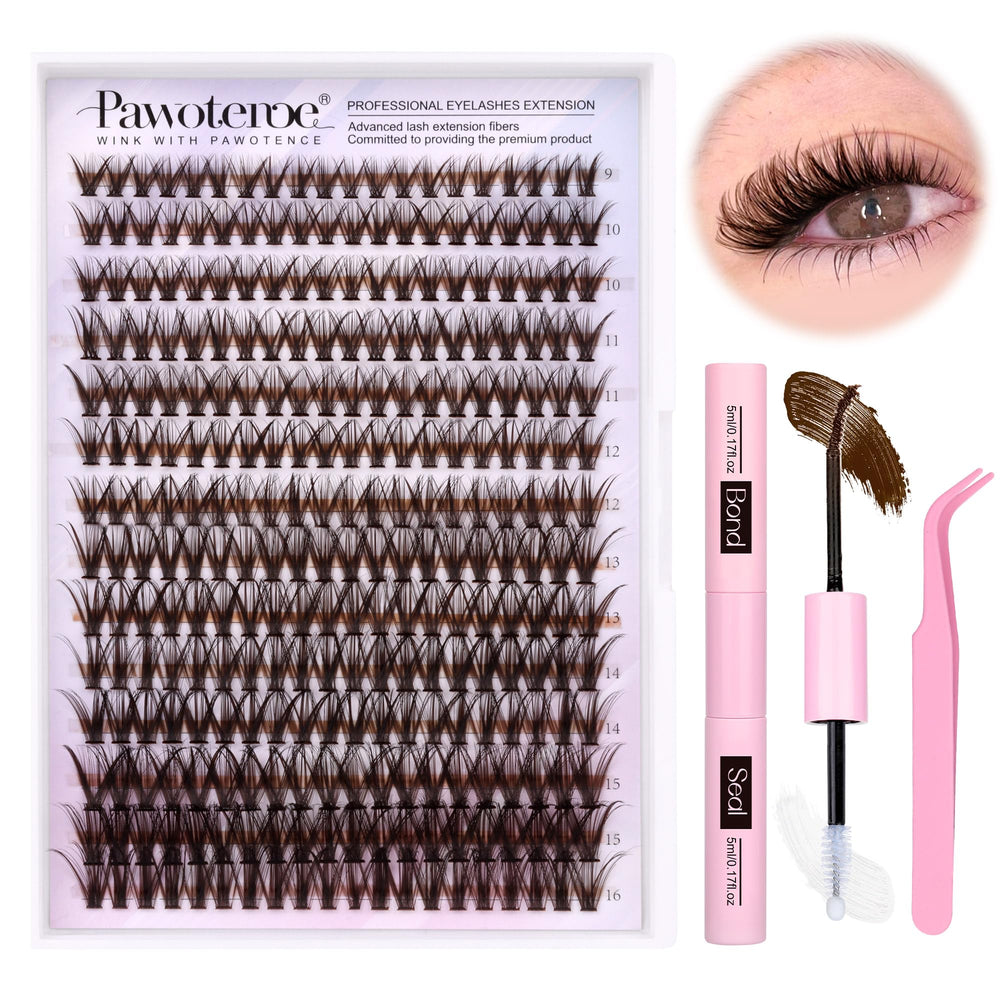 Pawotence lash-extension-kit-280pcs-brown-clusters-40d-9-16mm for natural daytime fullness.
