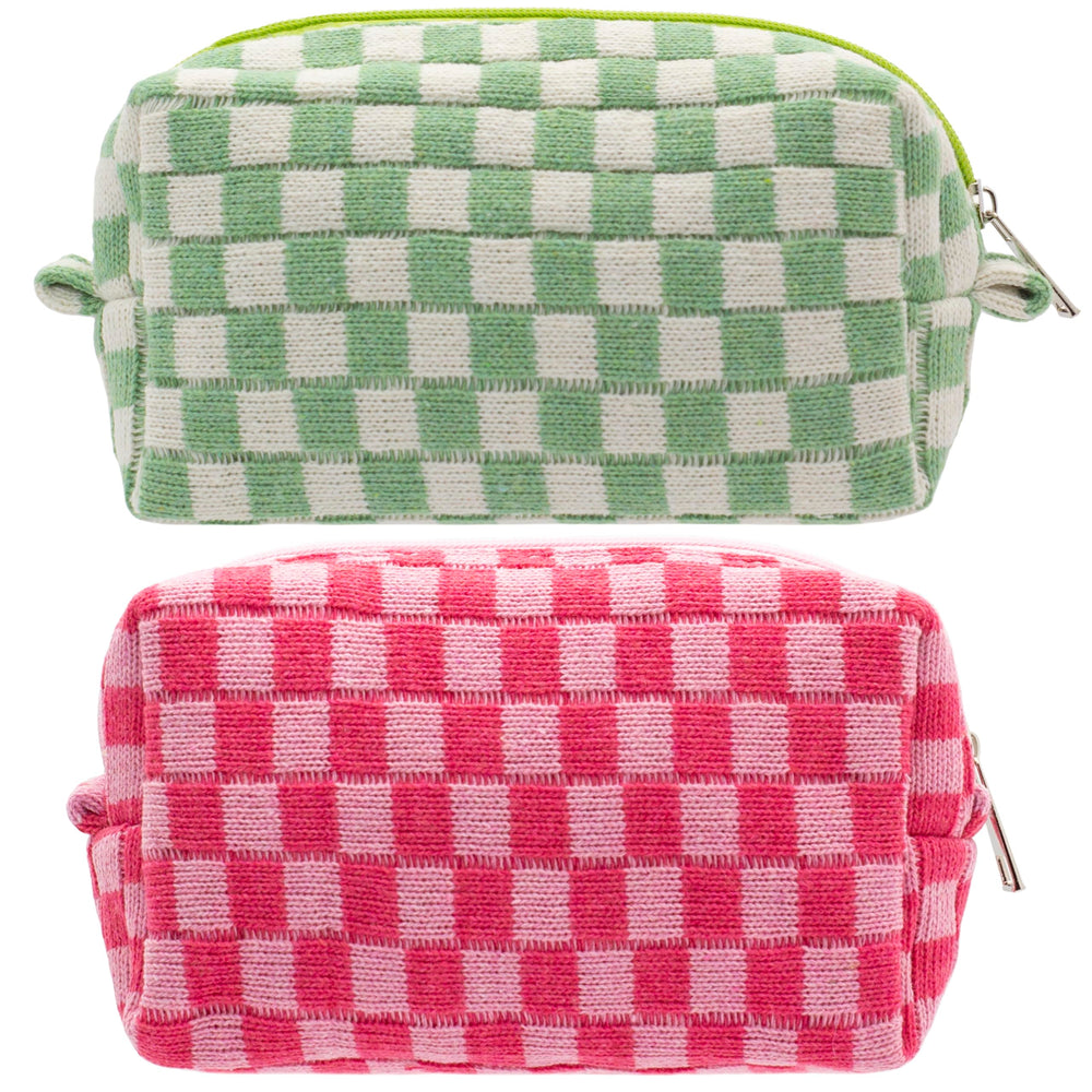 PAZIMIIK checkered makeup bag with flat bottom for easy, hands-free access.