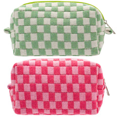 PAZIMIIK checkered makeup bag with flat bottom for easy, hands-free access.