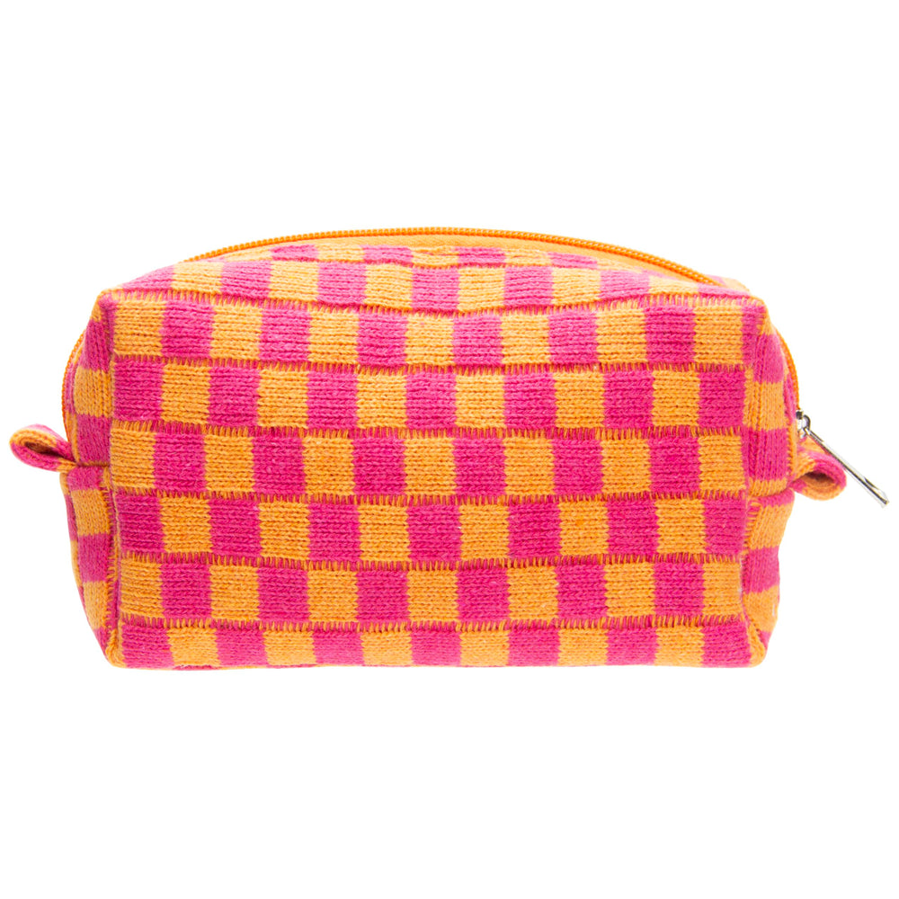 PAZIMIIK estuche maquillaje a cuadros rojo-naranja frente, ideal para viaje diario.