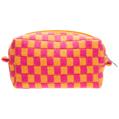 PAZIMIIK estuche maquillaje a cuadros rojo-naranja frente, ideal para viaje diario.
