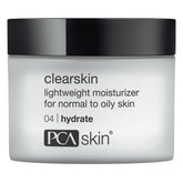 PCA SKIN Clearskin lightweight moisturizer jar shows quick-absorbing hydration for oily skin.