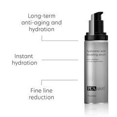 PCA Skin Hyaluronic Acid Boosting Serum bottle close-up showing hydrating action
