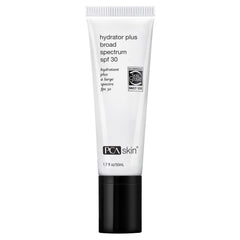PCA SKIN Hydrator Plus SPF30 bottle closeup showing oil-free, hydrating sunscreen.