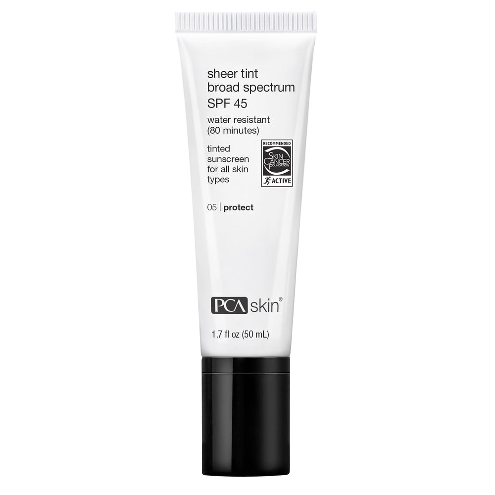 PCA SKIN Sheer Tinted Sunscreen tube offers portable SPF 45 protection with light, sheer coverage.