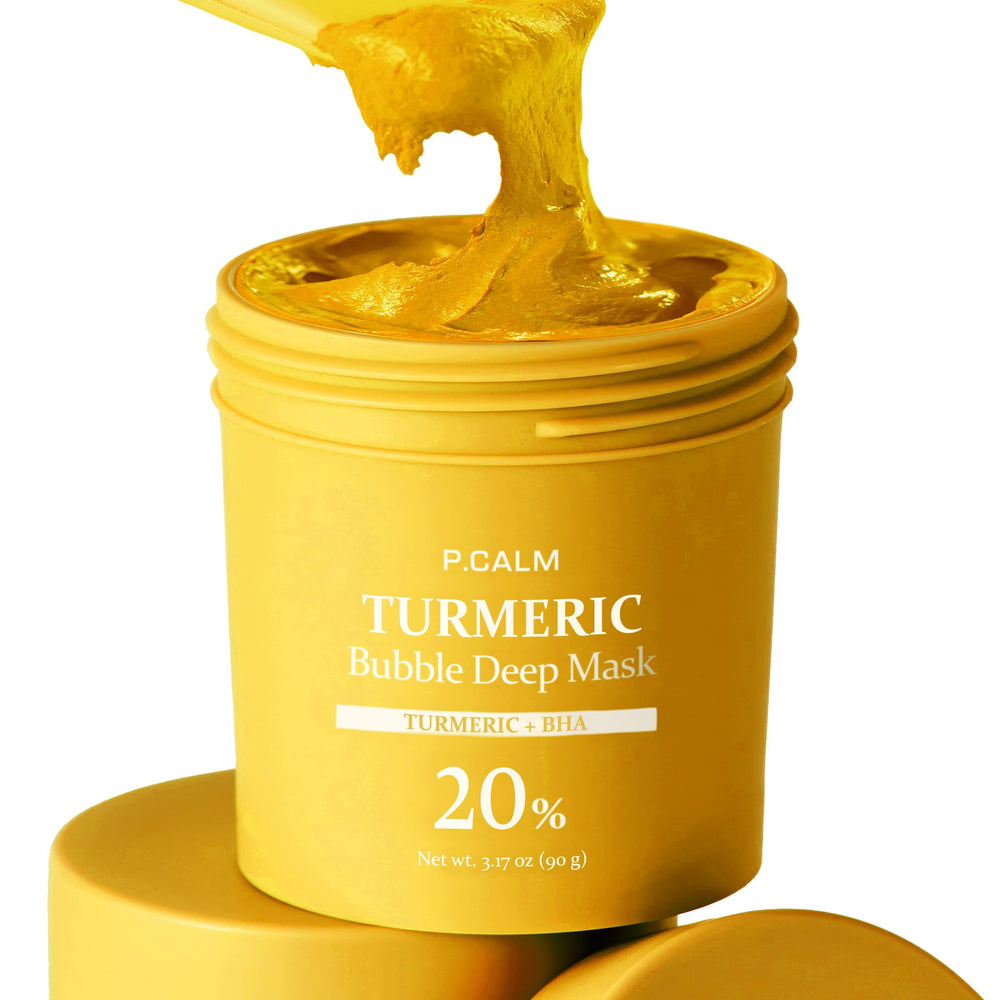 P.CALM Turmeric Bubble Mask close-up shows clay-to-bubbles transformation for a refreshing cleanse.
