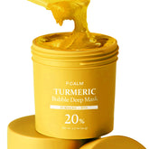 P.CALM Turmeric Bubble Mask close-up shows clay-to-bubbles transformation for a refreshing cleanse.