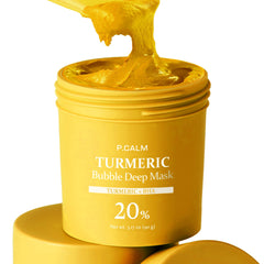 P.CALM Turmeric Bubble Mask close-up shows clay-to-bubbles transformation for a refreshing cleanse.