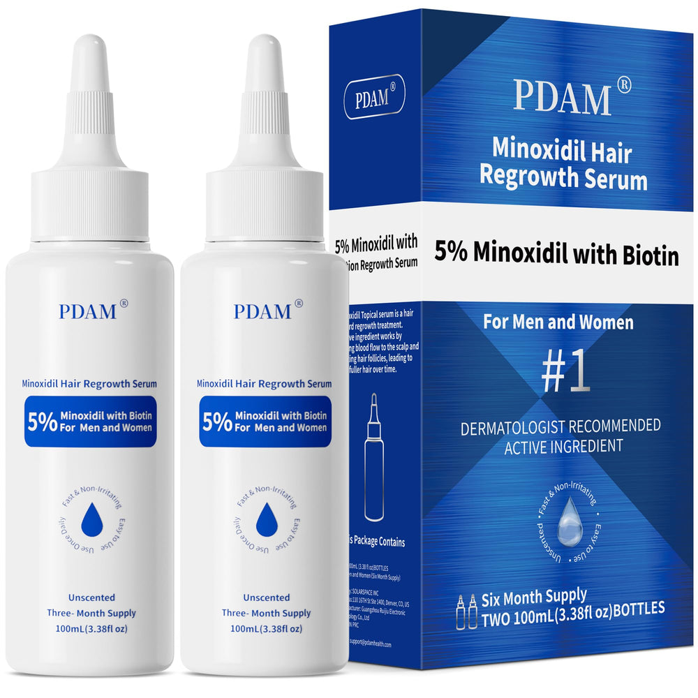 Pdam Minoxidil bottle and dropper for precise scalp application supporting hair regrowth.