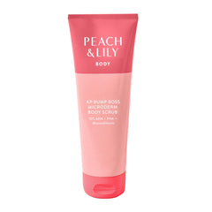 Peach & Lily KP Bump Boss body scrub jar for gentle smoothing of rough skin in shower.