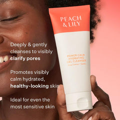 Peach & Lily Power Calm Gel Cleanser being applied to a hand for lathering.