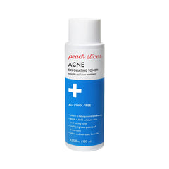 Peach Slices acne exfoliating toner bottle, promoting clear skin effortlessly for acne-prone users.