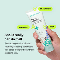 Peach Slices Snail Rescue Purifying Cleanser foam-application shows gentle cleansing with snail mucin.