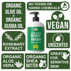 Peak Performance Ultra Pure Unscented Body Wash aloe juice pour demonstrates soothing, nourishing cleansing.