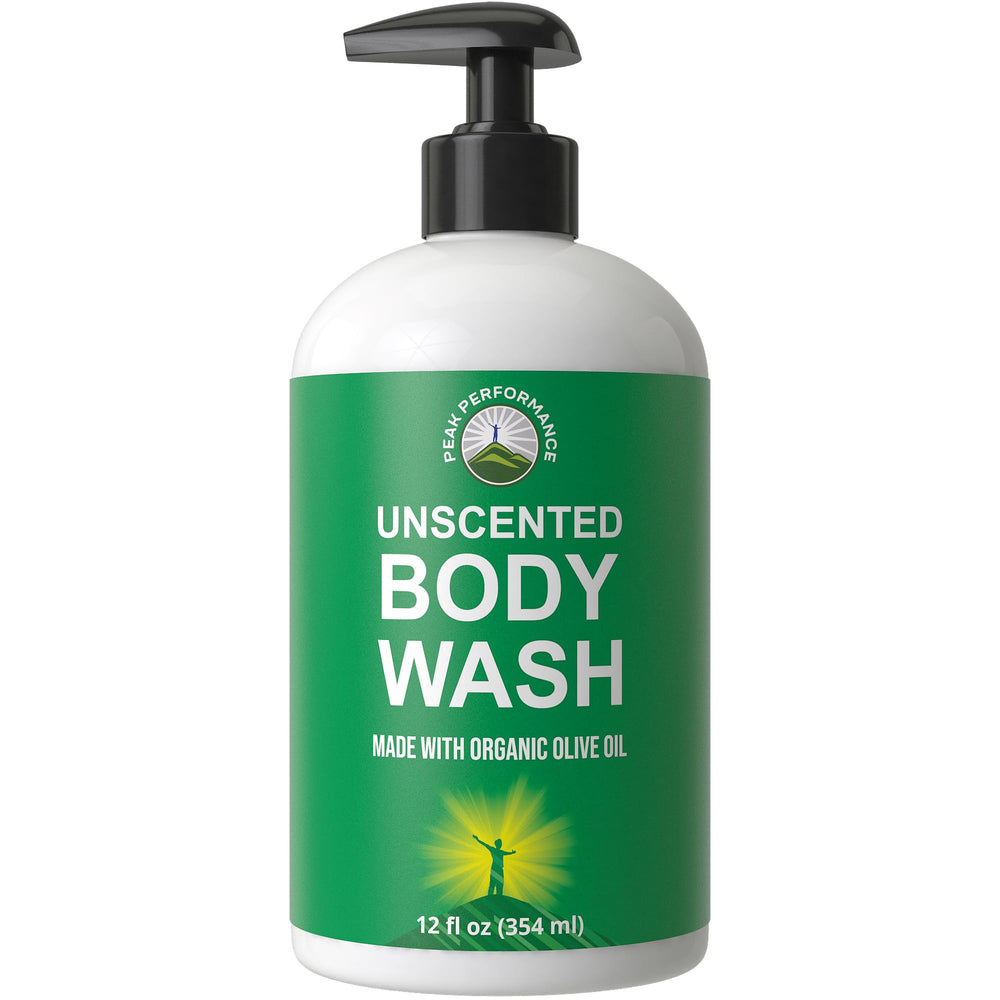Peak Performance Ultra Pure Unscented Body Wash bottle closeup shows gentle cleansing for sensitive skin.