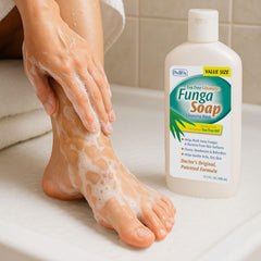 Pedifix FungaSoap label highlights all-natural tea tree formula for skin hygiene.