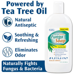Pedifix FungaSoap pump demonstrates easy, quick cleansing and odor control after activity.