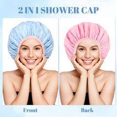 Pengxiaomei shower cap worn for a snug fit on head.