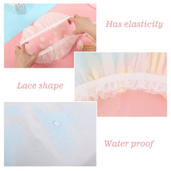 Pengxiaomei shower cap elastic band closeup shows comfortable, adjustable fit.