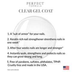 Perfect Formula Clear Gel Coat bottle close-up shows quick-dry formula for faster manicures