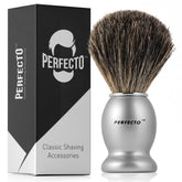 Perfecto badger shaving brush with wood handle for a precise, comfortable shave.