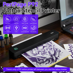 PeriPage P92 house-call setup illustrates easy to carry toolkit for on-site tattoo planning.