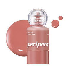 Peripera Syrupy Tok Cheek bottle-pour shows dewy glow and hydrating texture.