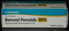 Perrigo benzoyl peroxide acne gel label close-up showing usage