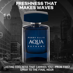 Perry Ellis Aqua Extreme cap-and-bottle close-up emphasizes premium design and ease