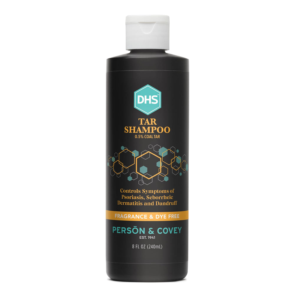 Person & Covey DHS Tar Shampoo bottle front with fragrance-free scalp care.