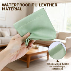 Color-set of four personalized leather pouches in pink, blue, purple, green for sorting items.