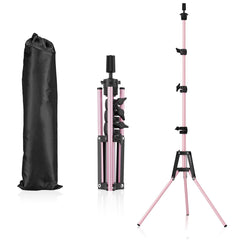 Pet Baby mannequin head stand in pink showing adjustable height for wig styling