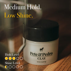 Pete & Pedro hair clay matte finish closeup demonstrates low shine hold.